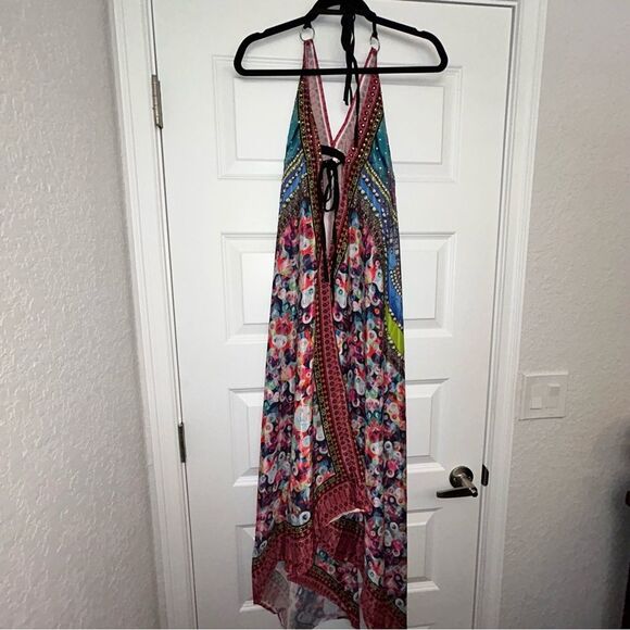 Halter Open Back Asymmetrical Sequins Embellished Mix Print Maxi Dress - Picture 11 of 12